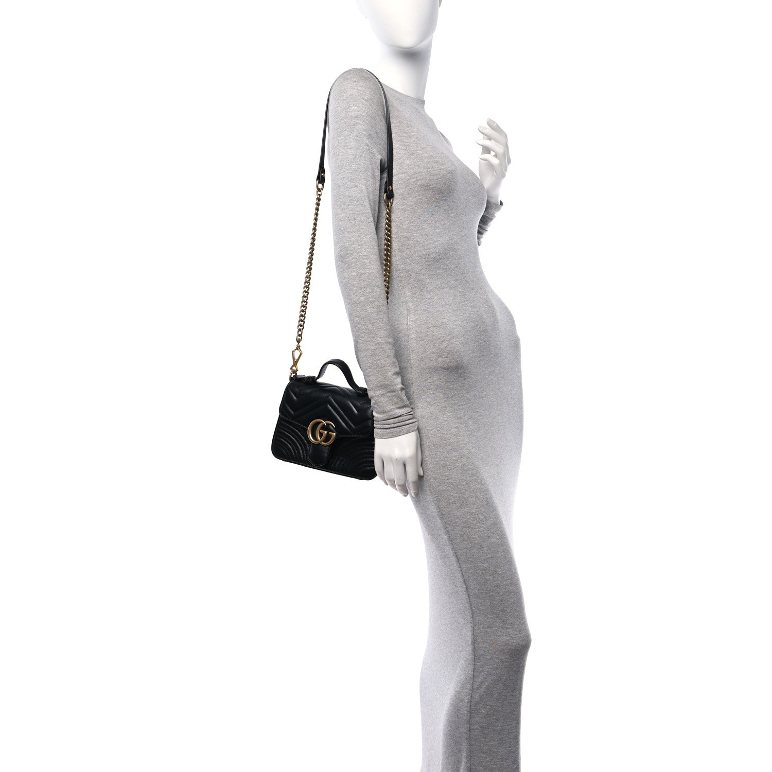 Gucci Calfskin Matelasse Mini GG Marmont Top Handle Shoulder Bag Black 3 of 10