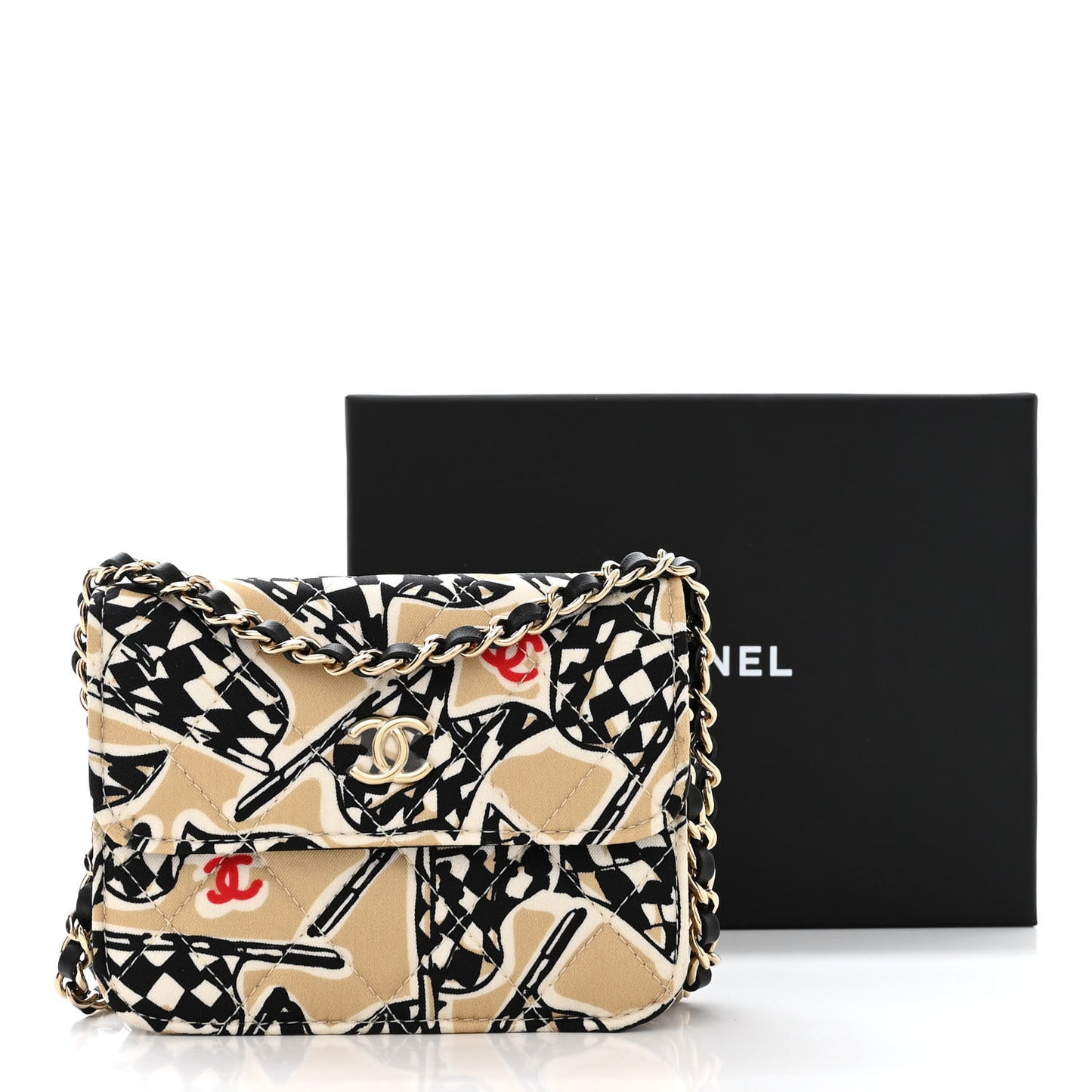 Canvas Check Flag Printed CC Clutch With Chain Beige Multicolor