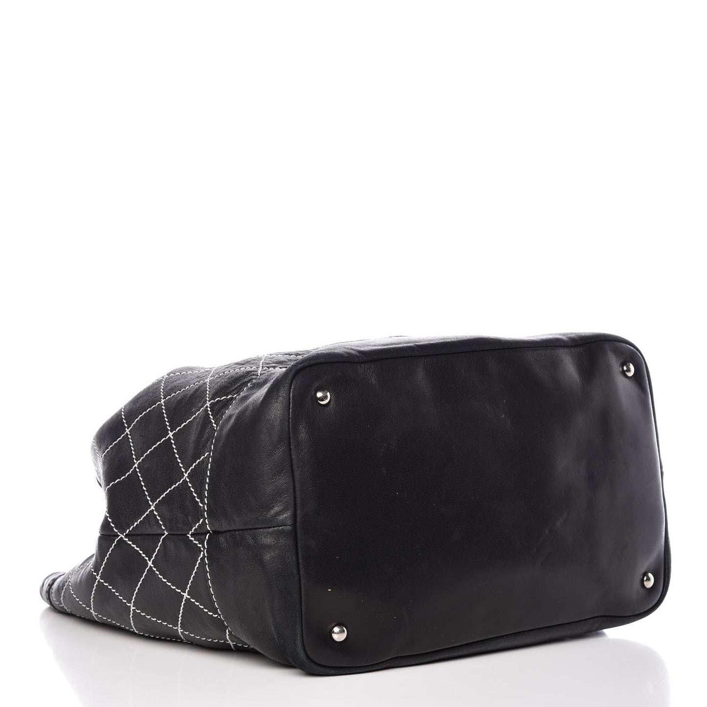 Lambskin Contrast Stitch Large Drawstring Tote Black