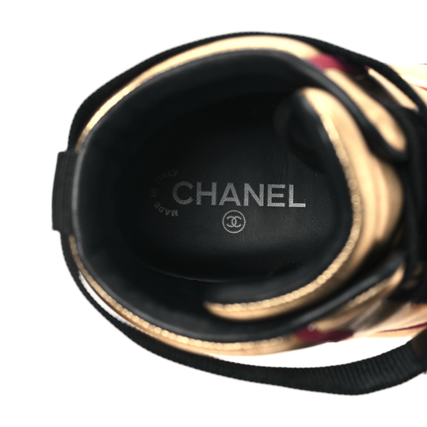 Chanel Metallic Satin Lambskin Mens Logo High Top Sneakers 46 Gold Burgundy 7 of 9
