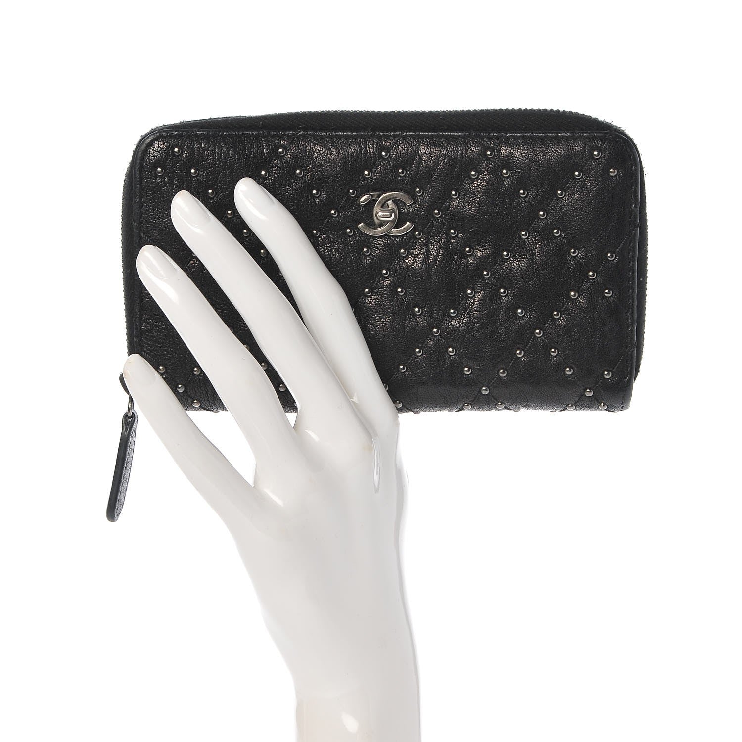 Chanel Crumpled Lambskin Studded Paris Dallas Zip Around Wallet Black 2 of 8