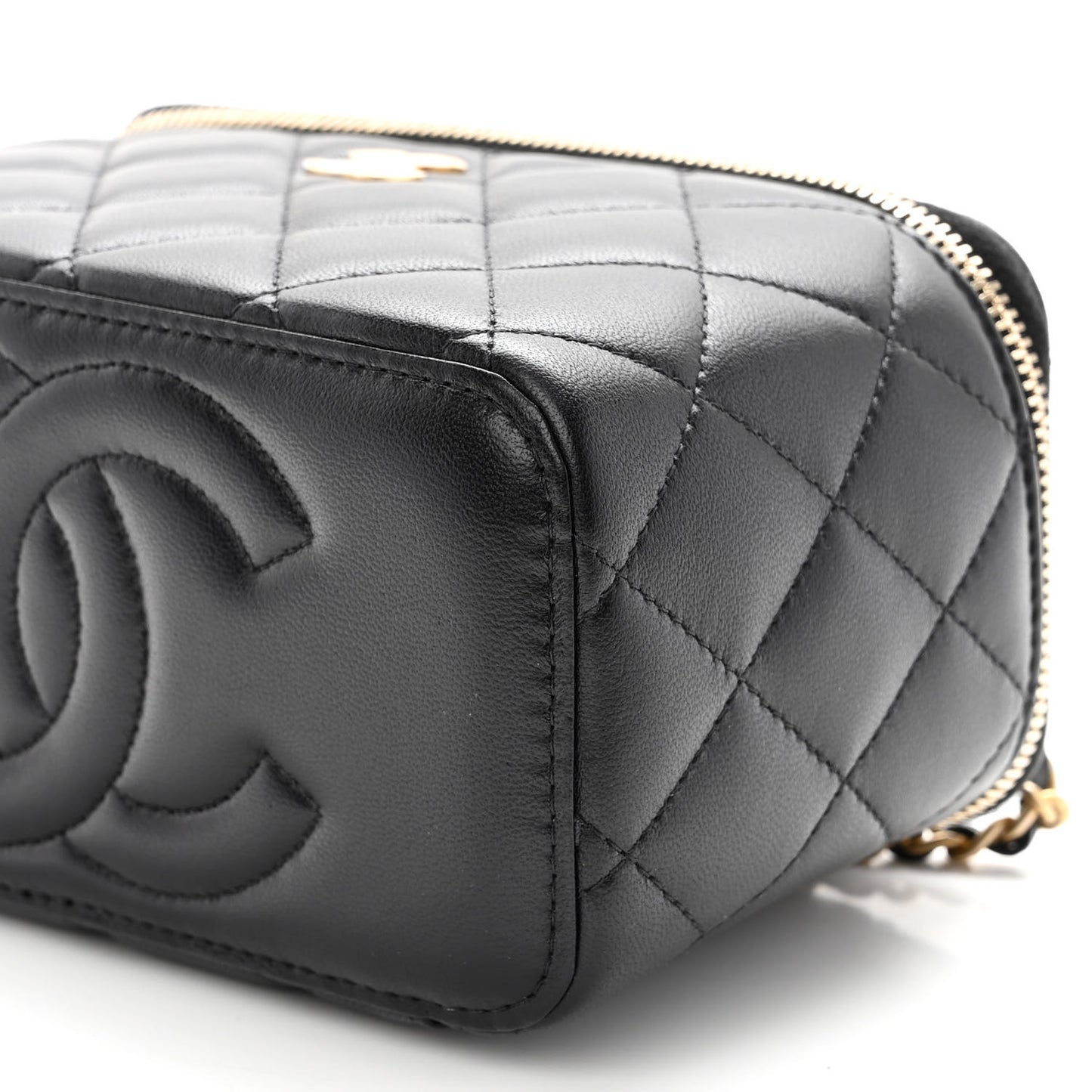Lambskin Quilted Metal Small Top Handle Vanity Case With Chain Black