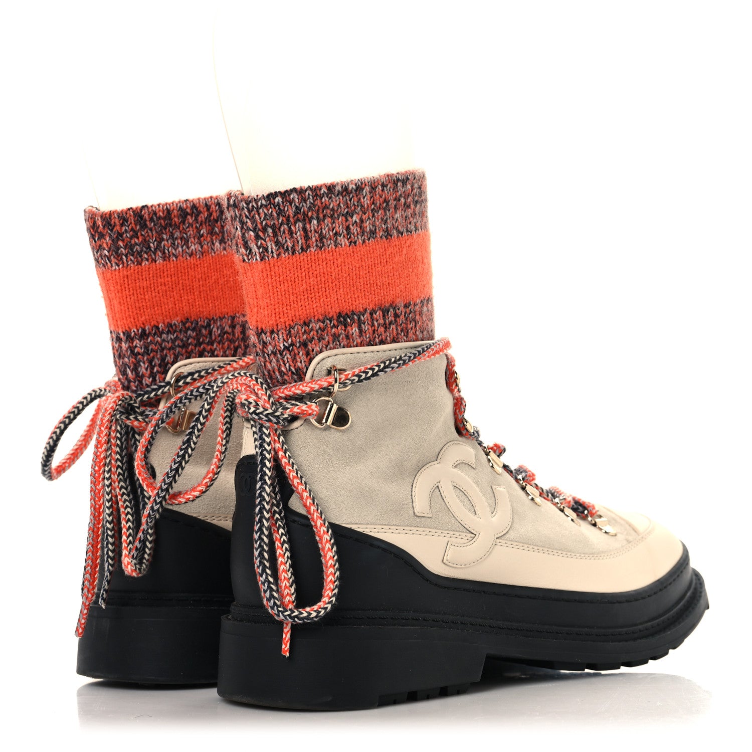 Chanel Calfskin Suede Calfskin Knit Womens Sock Lace Up Boots 39 Orange Dark Grey Ivory 5 of 8