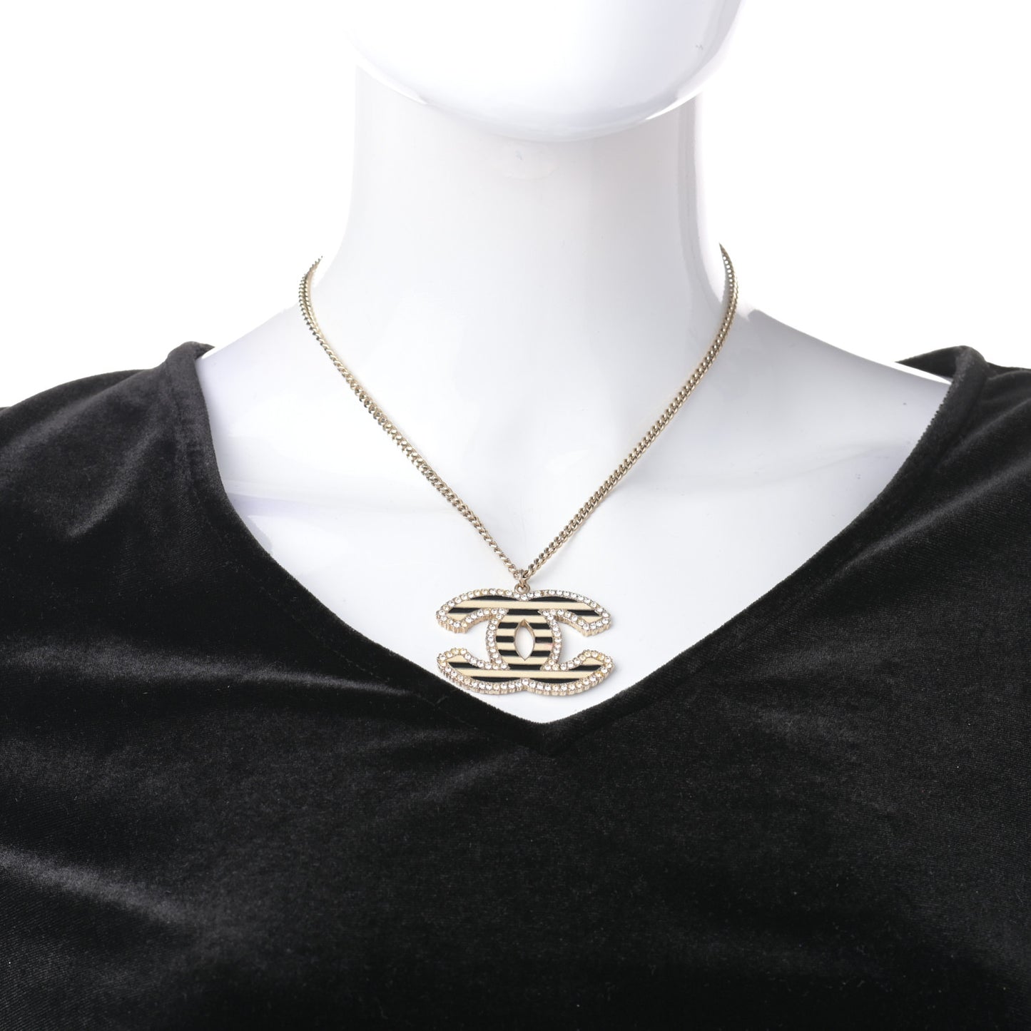 Crystal Enamel Striped CC Necklace Gold Black