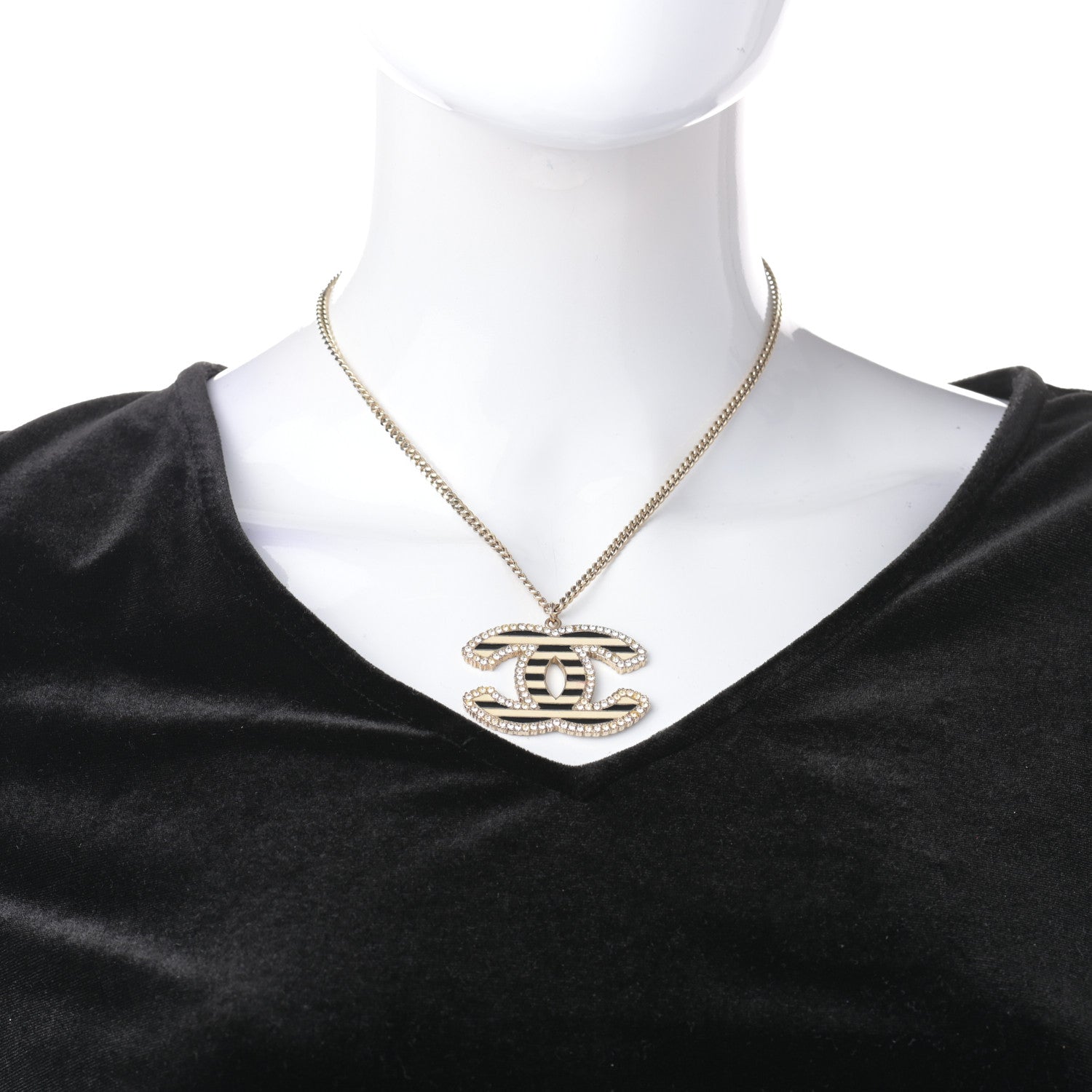 Chanel Crystal Enamel Striped CC Necklace Gold Black 2 of 5