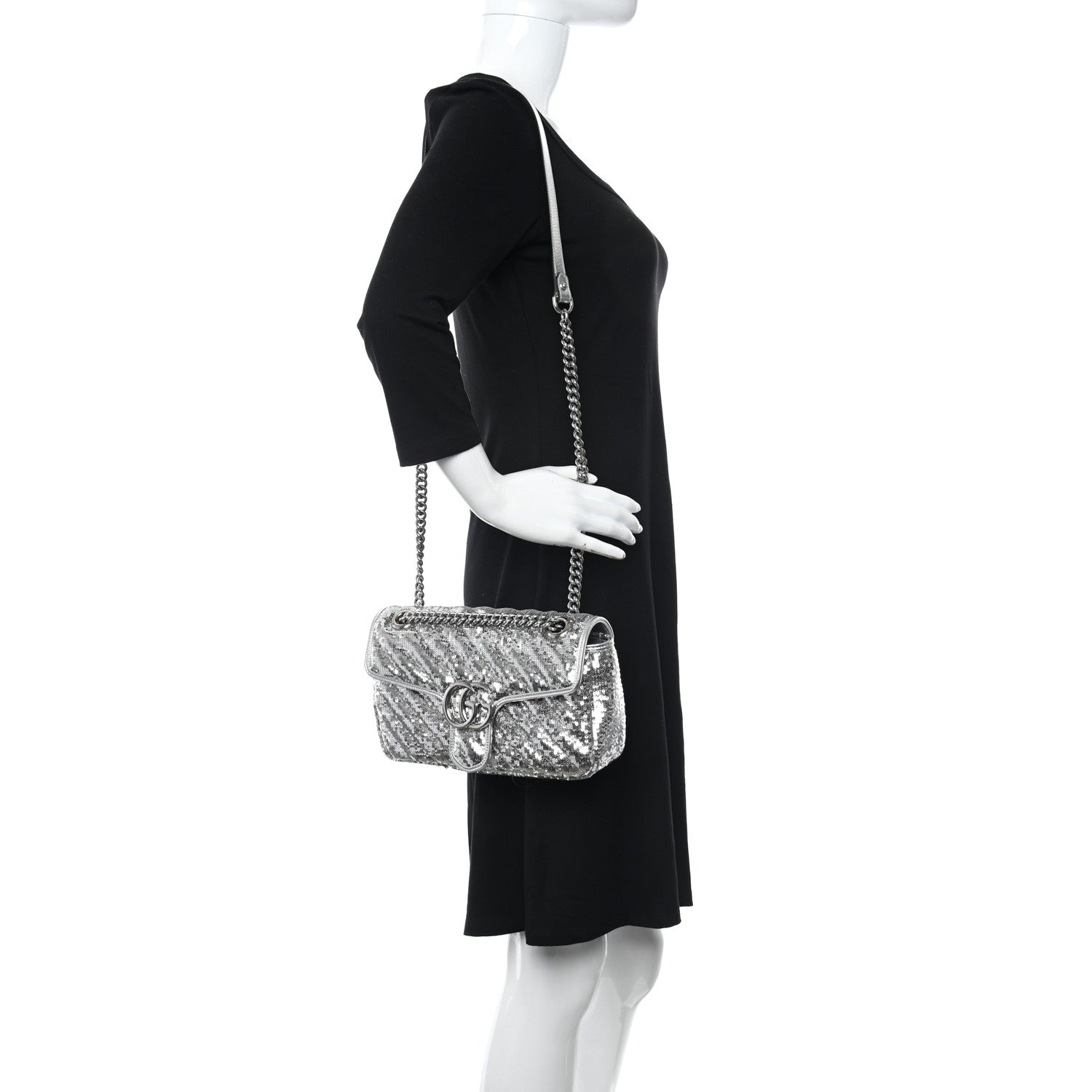 Gucci Sequin Matelasse Small GG Marmont Shoulder Bag Silver 2 of 10