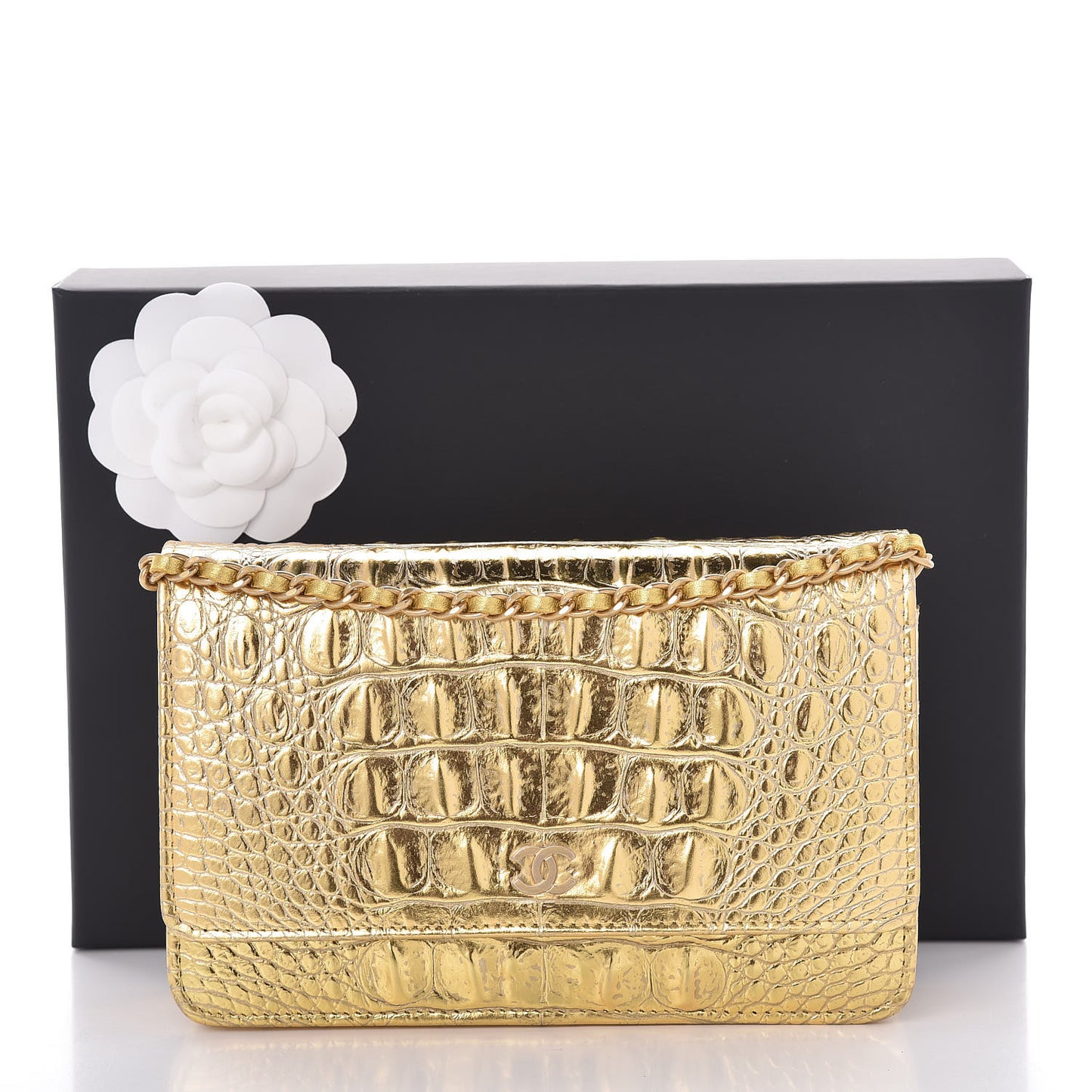Metallic Calfskin Crocodile Embossed Cocodile Wallet On Chain WOC Gold