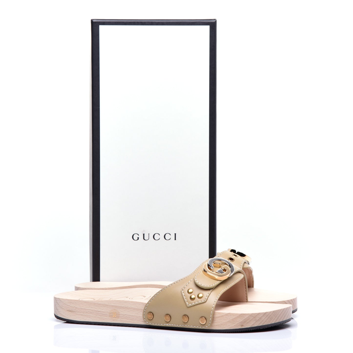 Calfskin Interlocking G Slide Sandals 38 Diagonal Beige
