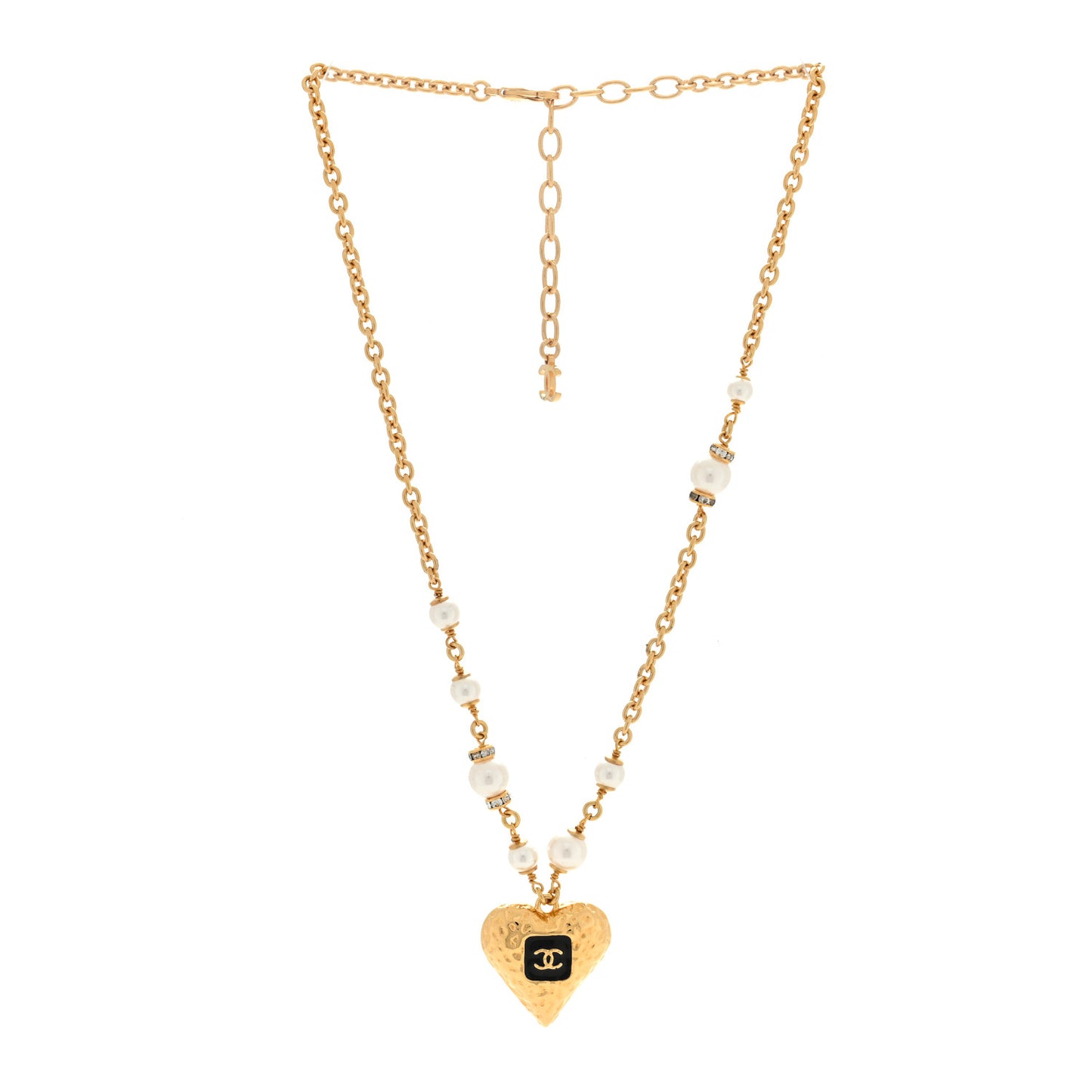 Pearl Beaded Resin Crystal CC Heart Necklace Black Gold