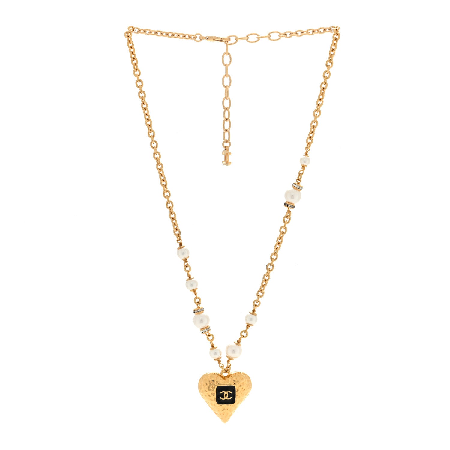 Chanel Pearl Beaded Resin Crystal CC Heart Necklace Black Gold 2 of 5