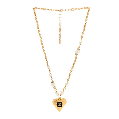 Chanel Pearl Beaded Resin Crystal CC Heart Necklace Black Gold 2 of 5