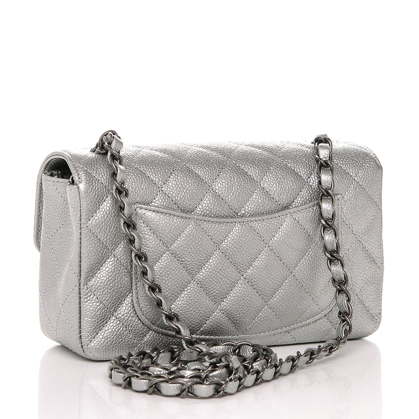 Metallic Caviar Quilted Mini Rectangular Flap Silver