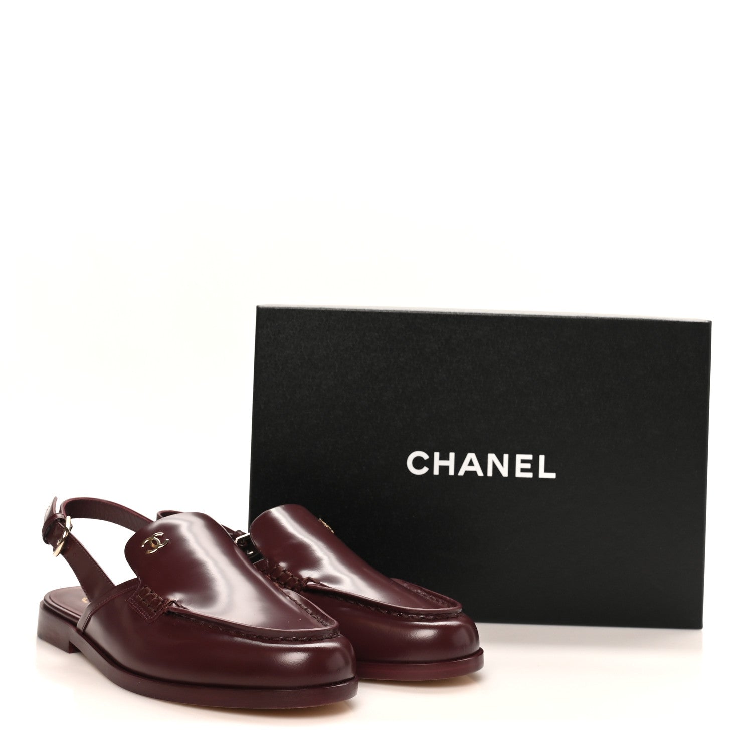 Chanel Shiny Calfskin Slingback Loafers 38 Burgundy 10 of 10