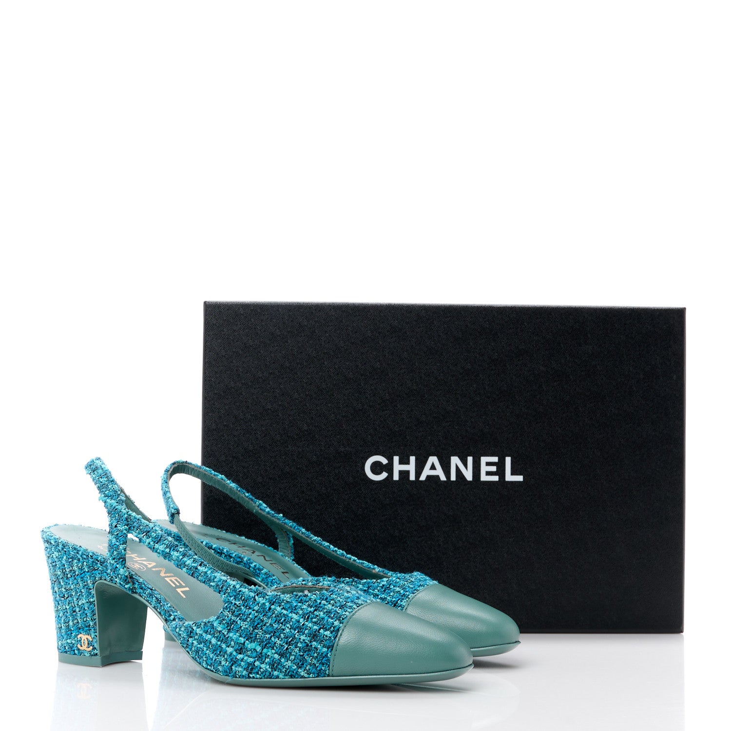 Chanel Tweed Lambskin Cap Toe CC Slingback Pumps 37 Blue Green 13 of 13