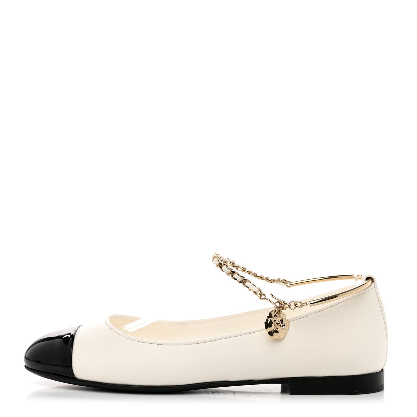 Lambskin Patent Calfskin Cap Toe Ankle Chain Ballerina Flats 37 White Black