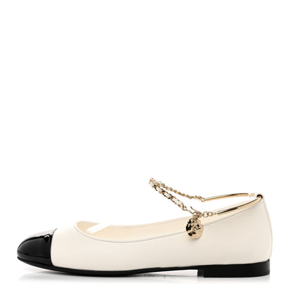 Chanel Lambskin Patent Calfskin Cap Toe Ankle Chain Ballerina Flats 37 White Black 1 of 9