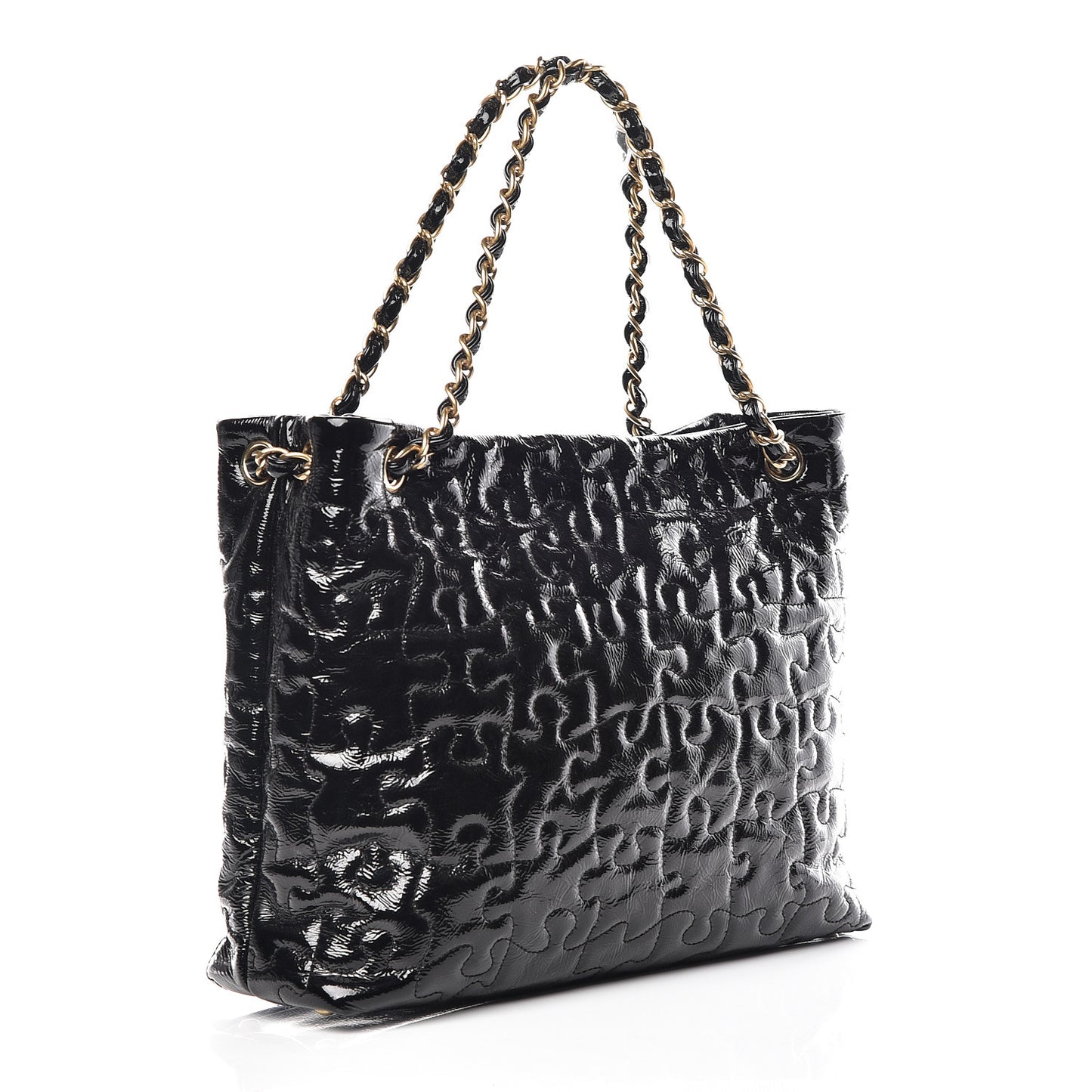 Crackled Patent Puzzle Tote Black