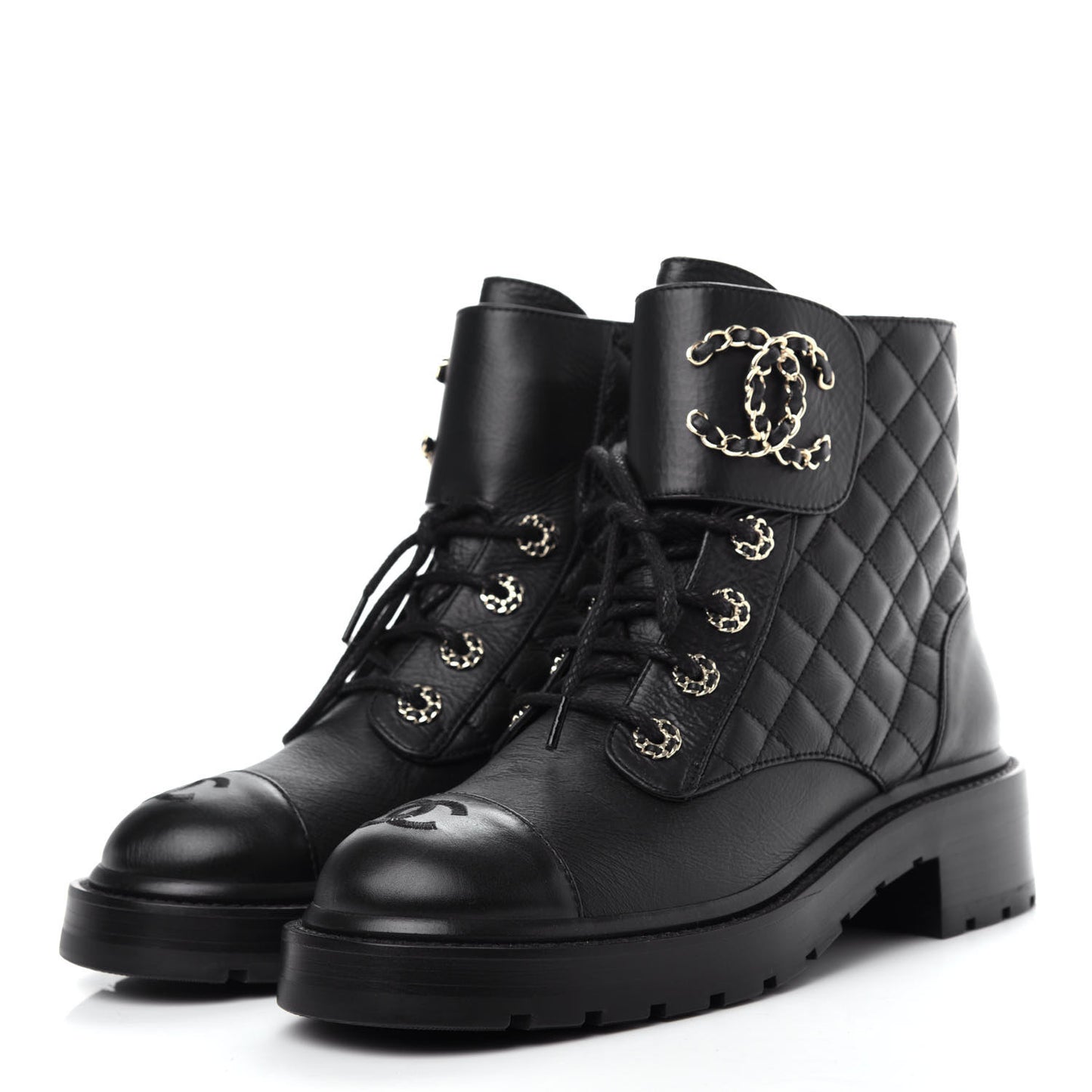 Shiny Goatskin Calfskin Quilted Lace Up Combat Boots 38 Black