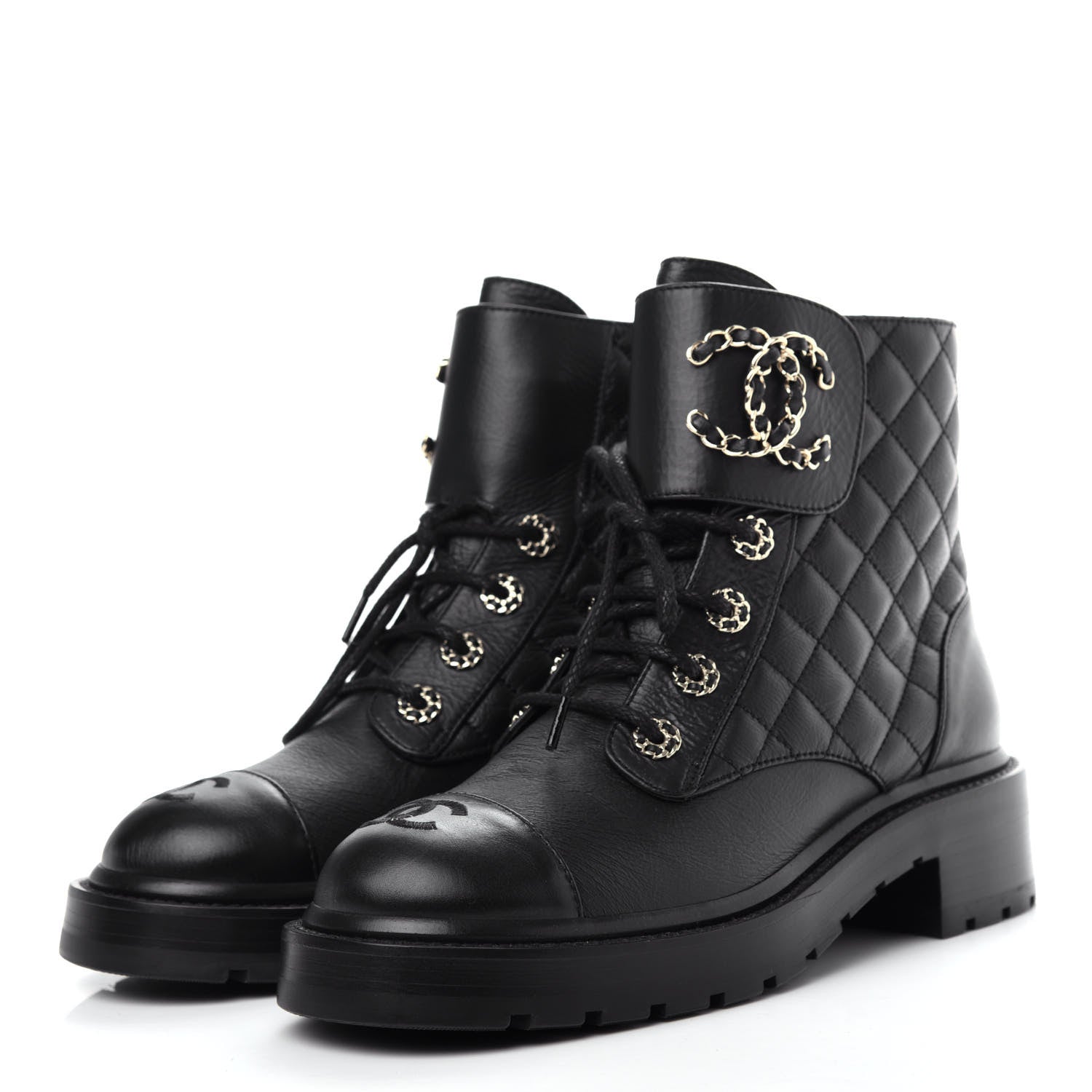 Chanel Shiny Goatskin Calfskin Quilted Lace Up Combat Boots 38 Black 3 of 10