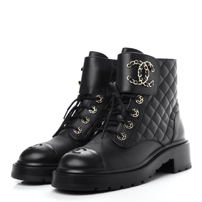 Chanel Shiny Goatskin Calfskin Quilted Lace Up Combat Boots 38 Black 3 of 10
