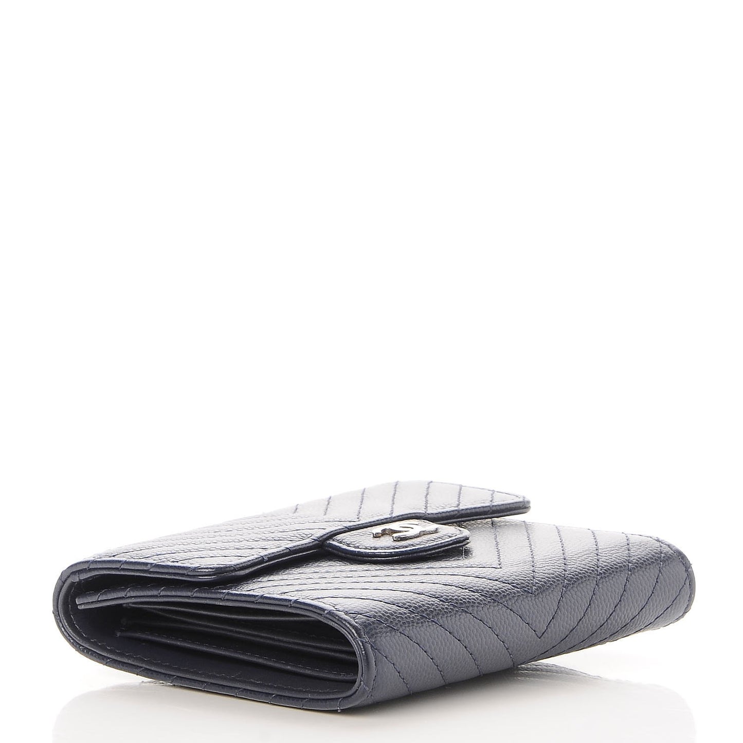 Caviar Chevron Quilted Compact Flap Wallet Navy
