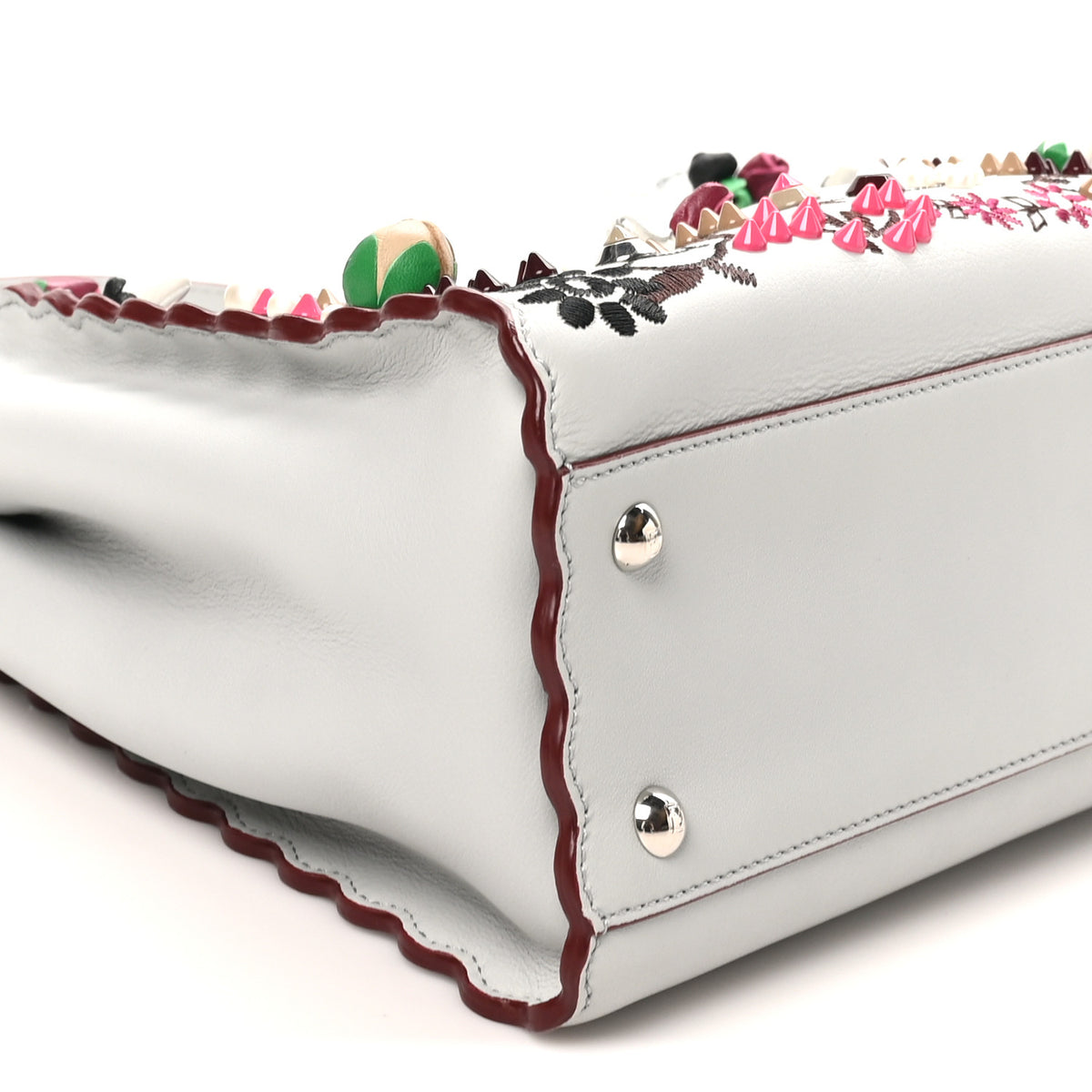 Vitello Seta Shiny Nappa Pearl Scalloped Studded Floral Embroidered Medium Peekaboo Iconic Satchel Grigio Perla Multicolor