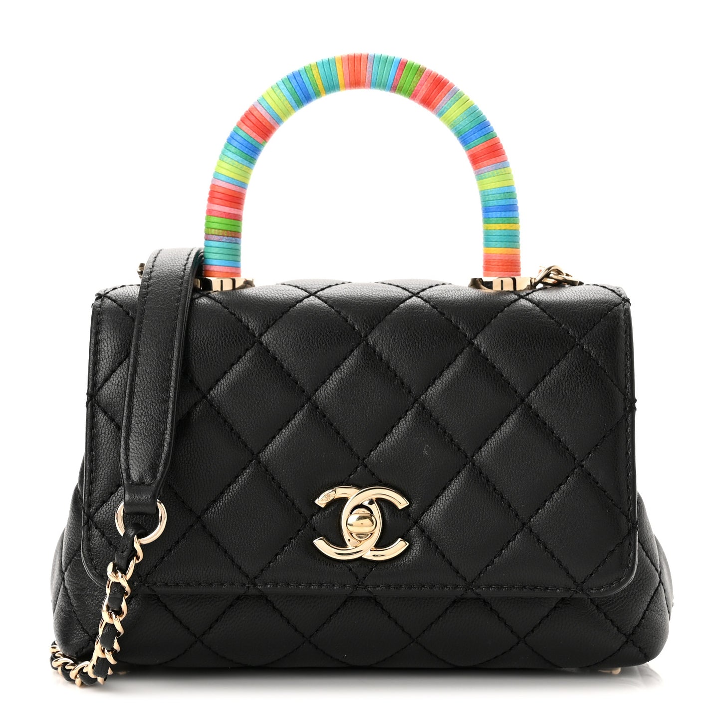 Goatskin Quilted Rainbow Extra Mini Coco Handle Flap Black