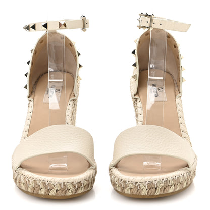 Valentino Garavani Grained Calfskin Rockstud Ankle Strap Espadrille 15/105mm Wedge Sandals 38 Light Ivory Natural 3 of 8