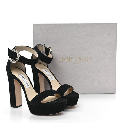 Jimmy Choo Suede Crystal Buckle Mionne 120 Sandals 38.5 Black 8 of 8