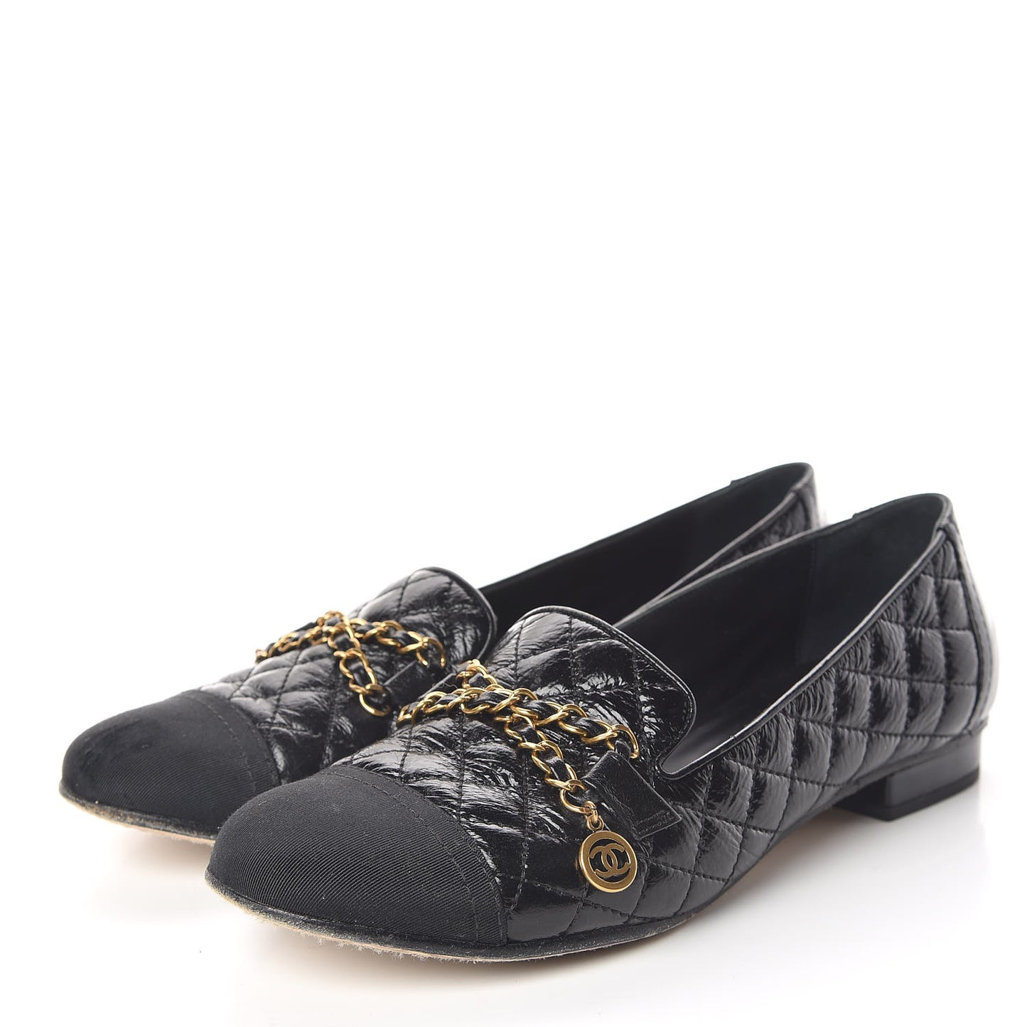 Grosgrain Glazed Lambskin Quilted Chain Loafers 37.5 Black