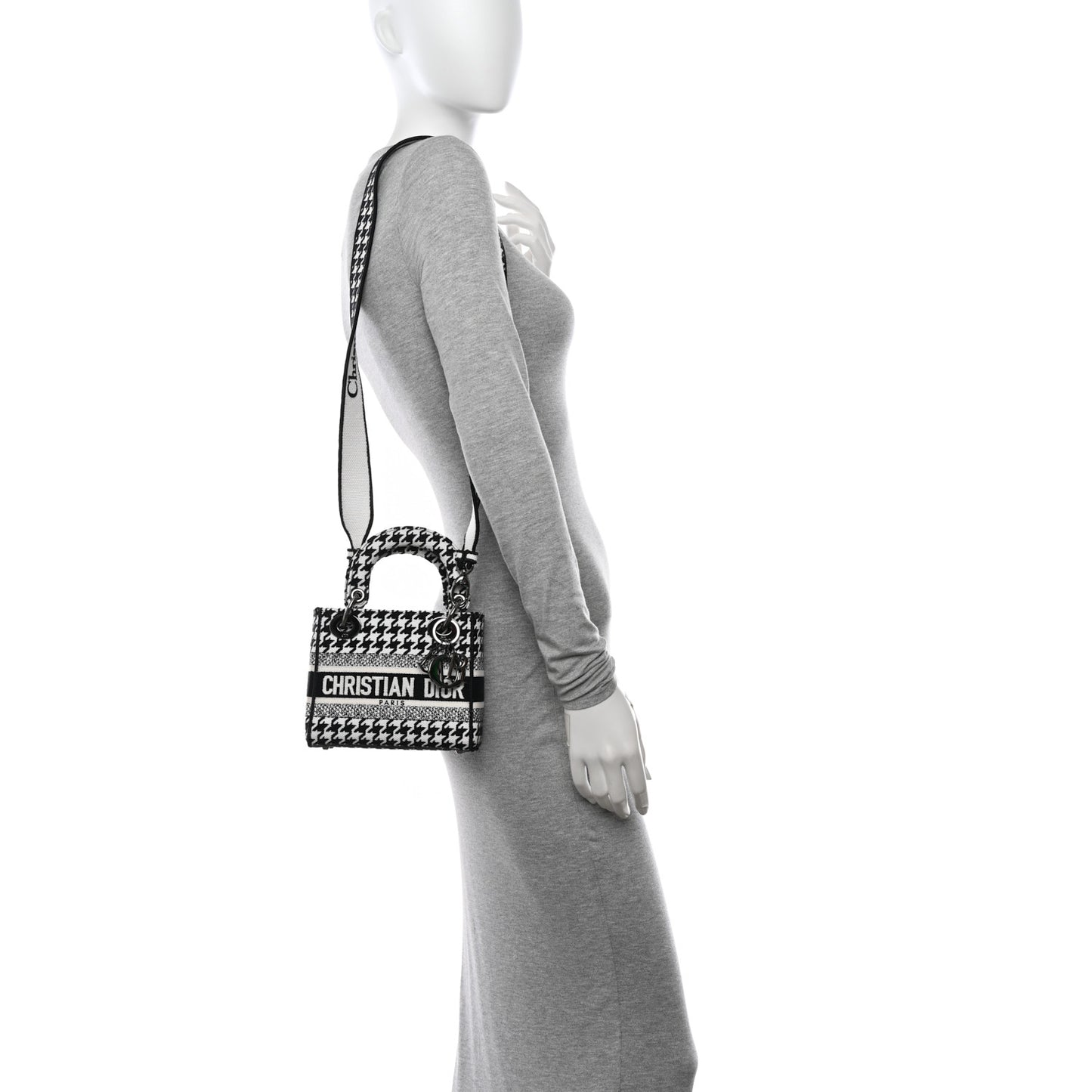 Canvas Houndstooth Embroidered Mini Lady D-Lite Black White
