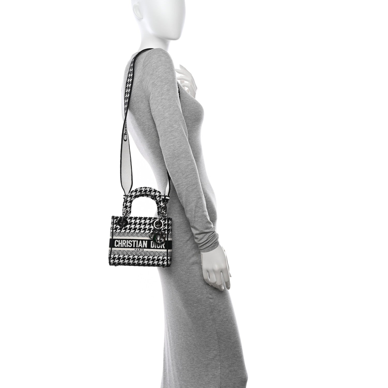 Christian Dior Canvas Houndstooth Embroidered Mini Lady D-Lite Black White 2 of 9