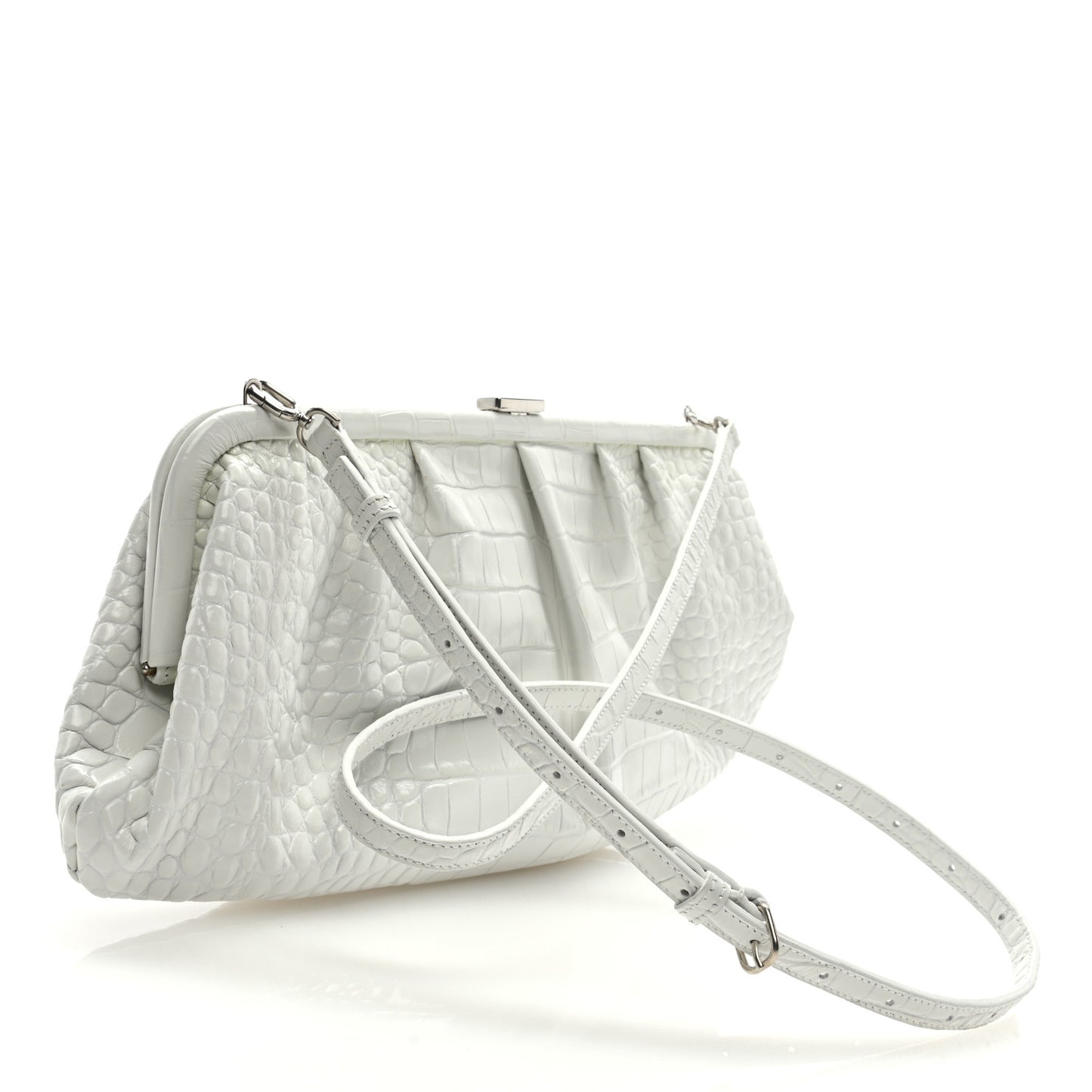 Shiny Supple Calfskin Logo Crocodile Embossed XL Cloud Clutch White