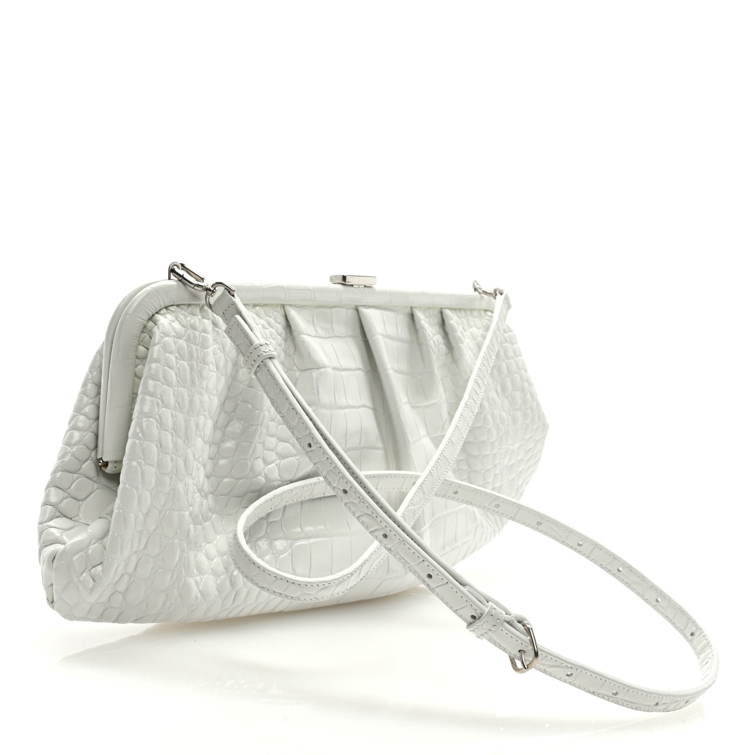 Balenciaga Shiny Supple Calfskin Logo Crocodile Embossed XL Cloud Clutch White 3 of 8