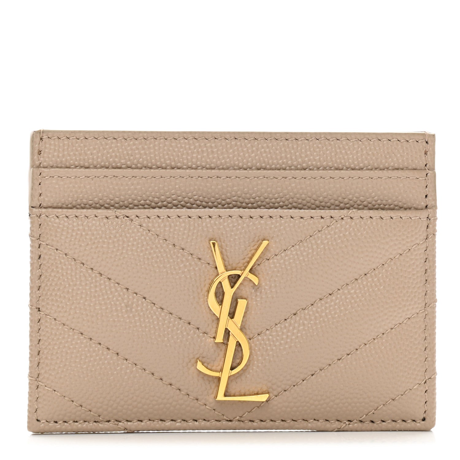 Saint Laurent Grain De Poudre Matelasse Chevron Monogram Credit Card Case Dark Beige 1 of 8