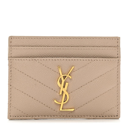 Saint Laurent Grain De Poudre Matelasse Chevron Monogram Credit Card Case Dark Beige 1 of 8