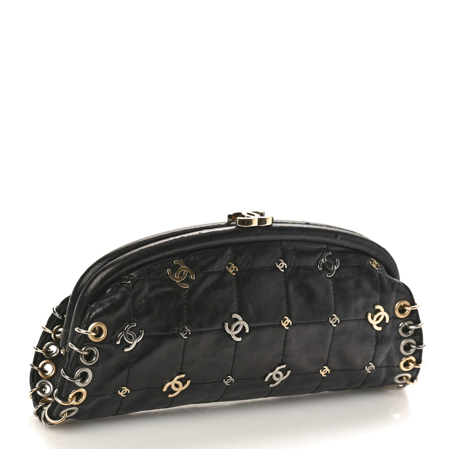 Calfskin Square Quilted Grommet Embellished Piercing Chic Clutch Black
