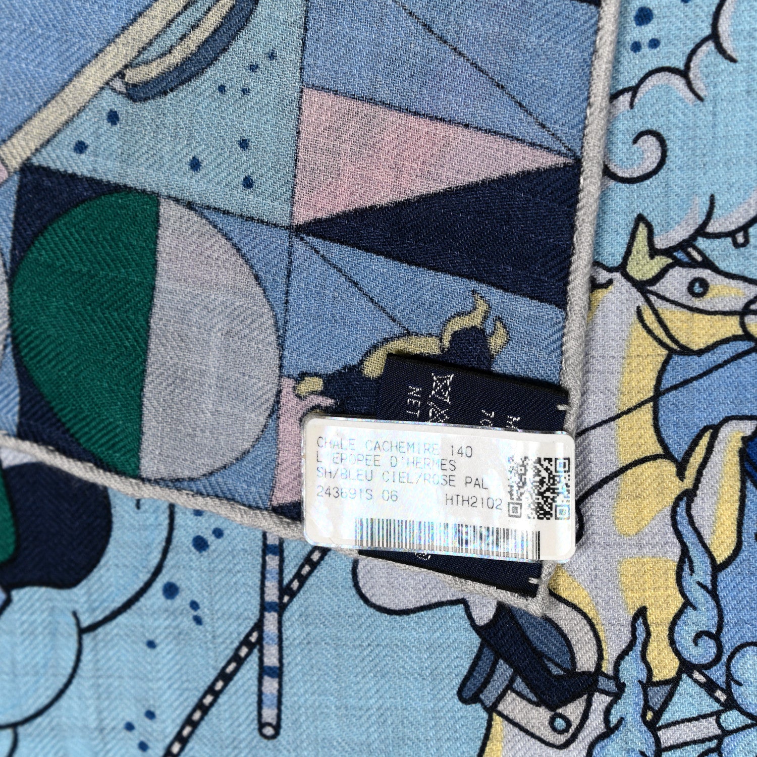 Hermes Cashmere Silk L'Epopee D'Hermes Shawl 140 Bleu Ciel Rose Pale 3 of 6