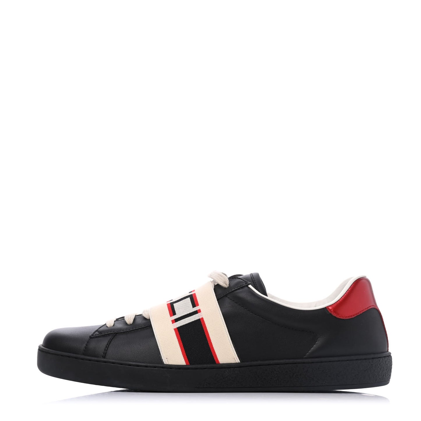 Calfskin Stripe Mens New Ace Sneakers 10 Black Ecru Red Flame