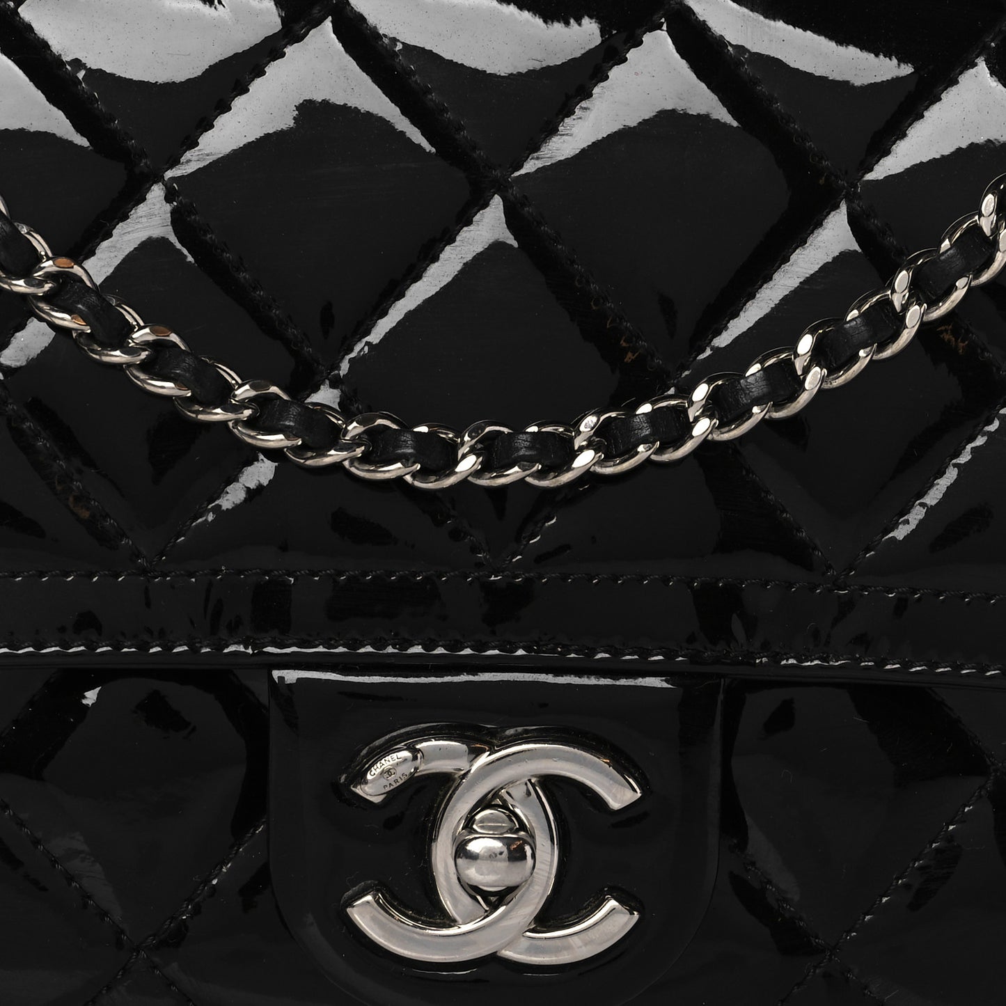 Patent Calfskin Quilted Mini Rectangular Flap Black