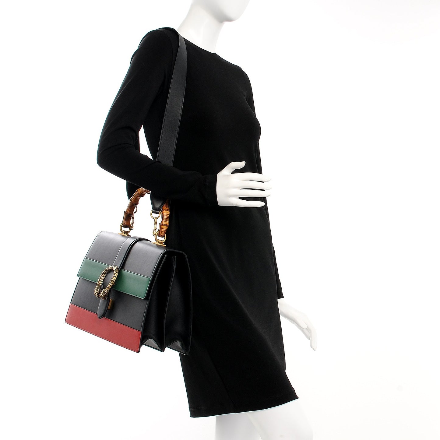 Calfskin Bamboo Web Large Dionysus Top Handle Bag Black Bright Evergreen Hibiscus Red