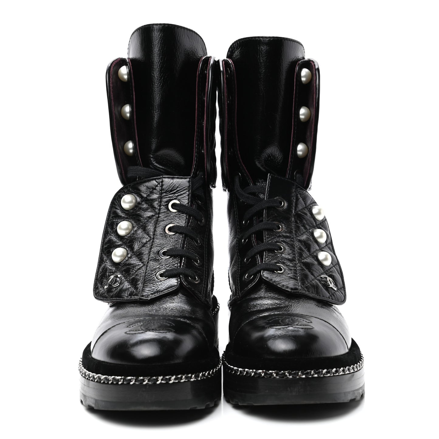 Crackled Calfskin Velvet Pearl Combat Boots 35.5 Black