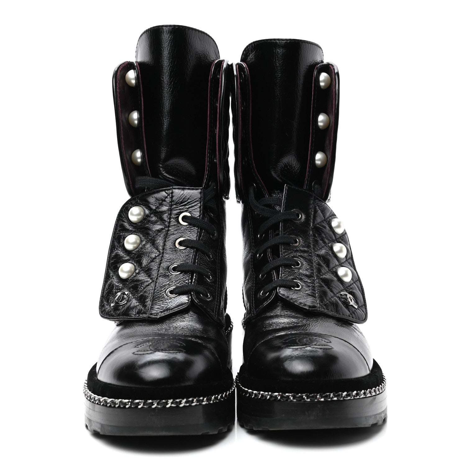 Chanel Crackled Calfskin Velvet Pearl Combat Boots 35.5 Black 2 of 8