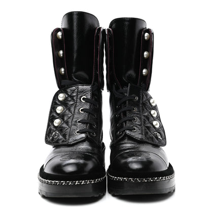 Chanel Crackled Calfskin Velvet Pearl Combat Boots 35.5 Black 2 of 8