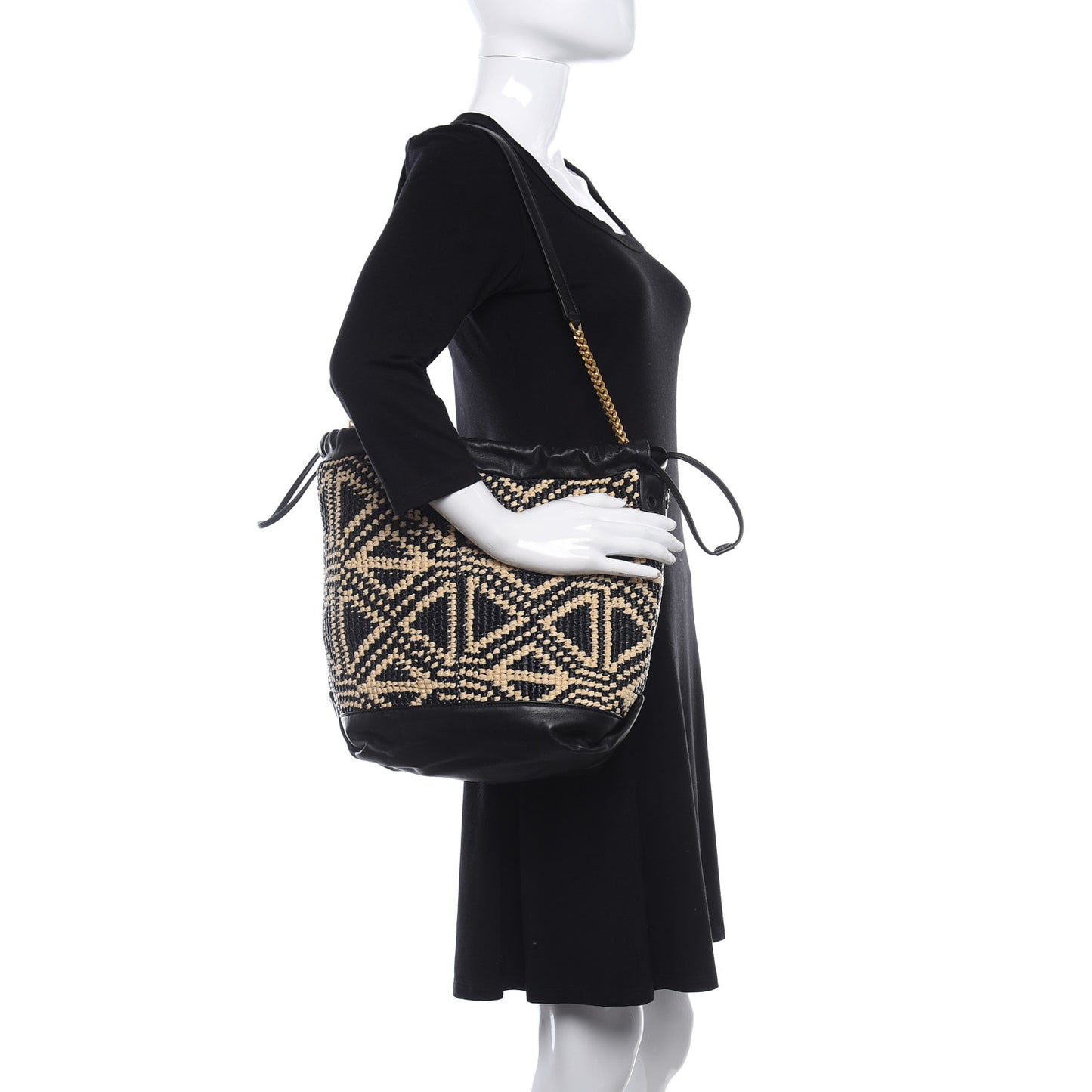 Folk Raffia Calfskin Teddy Drawstring Bag Natural Black
