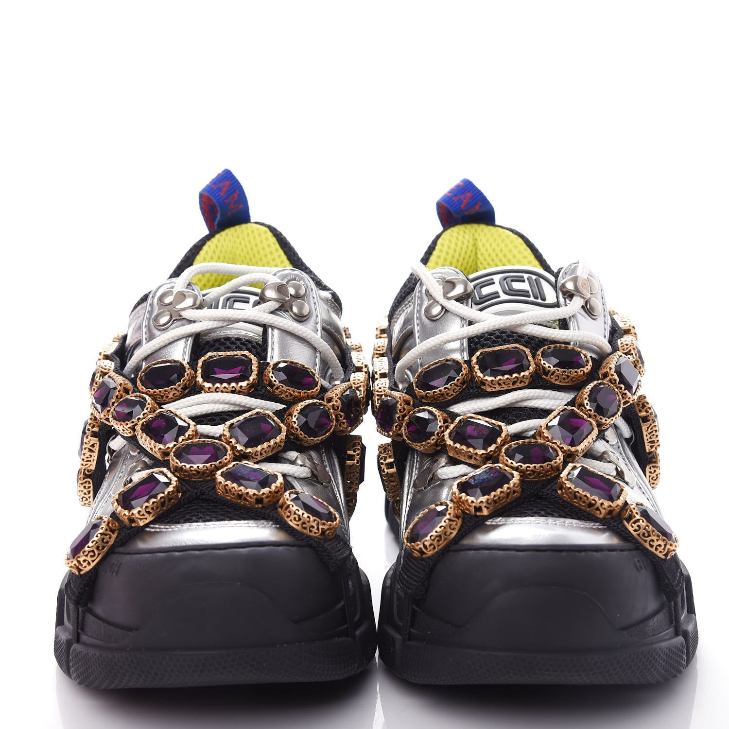 Gucci X SEGA Metallic Calfskin Mesh Removable Crystals Womens Flashtrek Sneakers 35.5 Silver Black 5 of 10