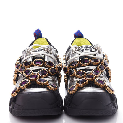 Gucci X SEGA Metallic Calfskin Mesh Removable Crystals Womens Flashtrek Sneakers 35.5 Silver Black 5 of 10