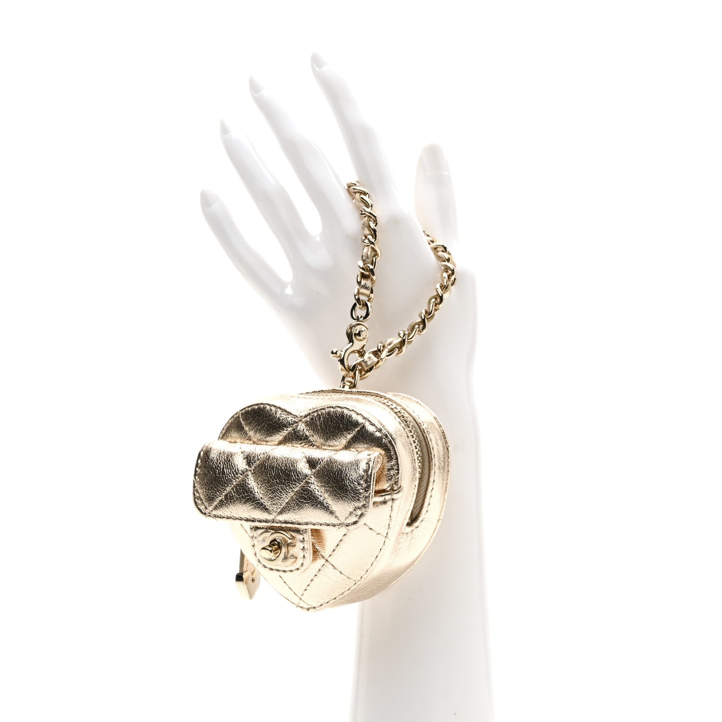 Metallic Lambskin Quilted CC Mini In Love Heart Bag Charm Gold