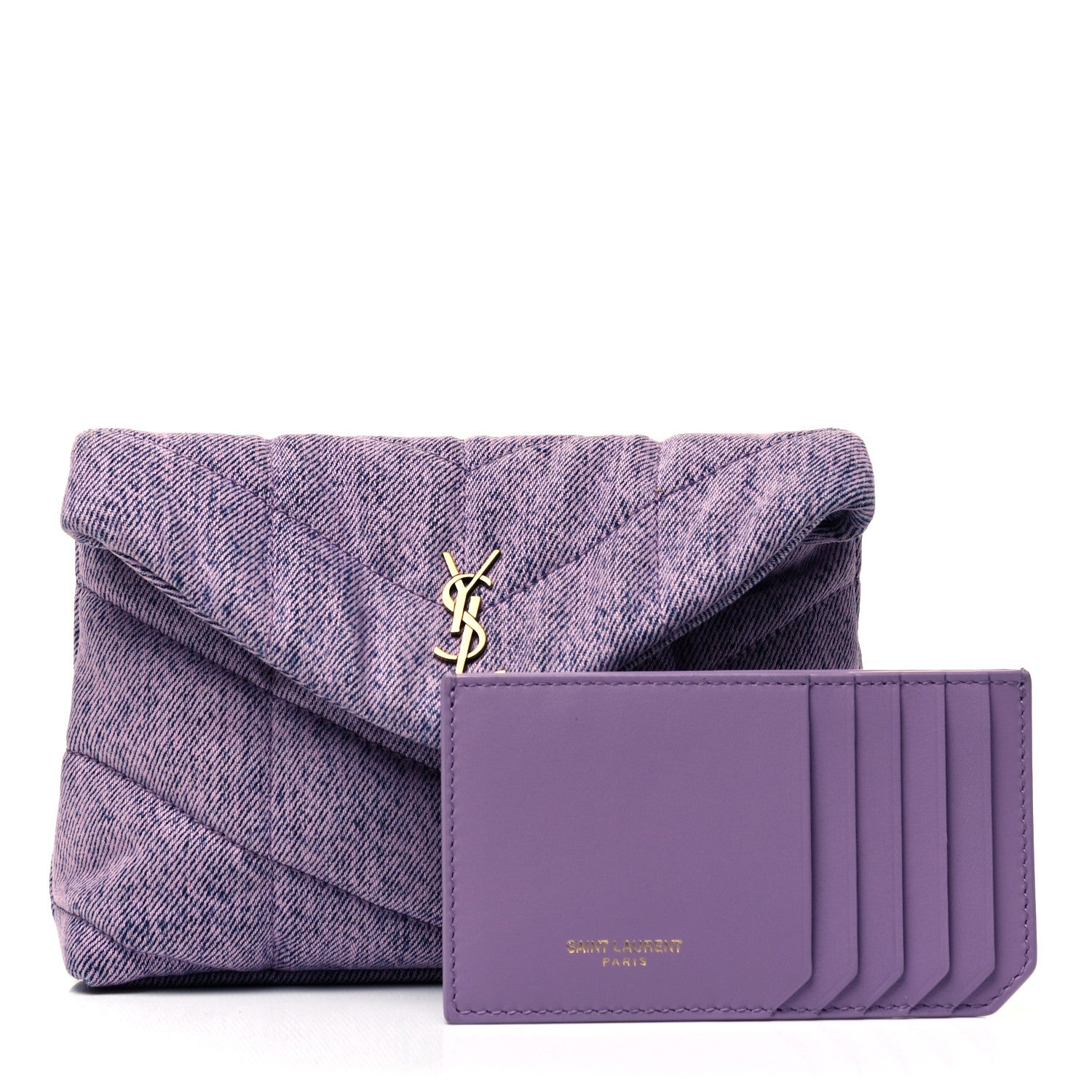 Saint Laurent Denim Quilted Loulou Puffer Monogram Pouch Clutch Bleached Lilac 1 of 9