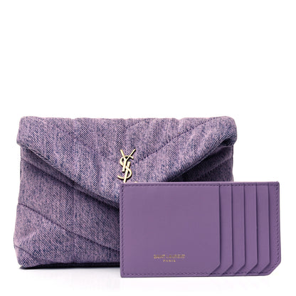 Saint Laurent Denim Quilted Loulou Puffer Monogram Pouch Clutch Bleached Lilac 1 of 9
